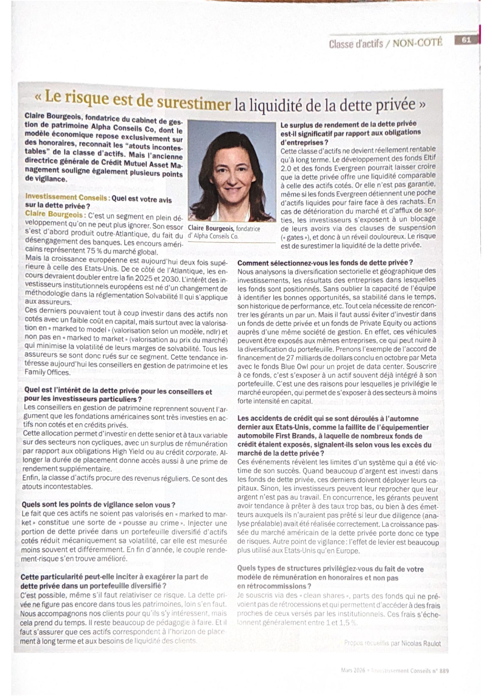 Interview de Claire Bourgeois dans Investissement Conseils mars 2026 sur la dette privéeInterview de Claire Bourgeois dans Investissement Conseils mars 2026 sur la dette privée